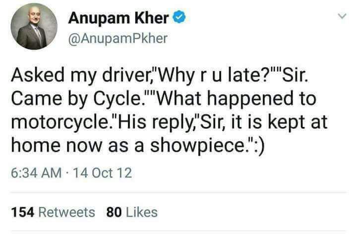 anjali_damania's tweet photo. Shri @AnupamPkher does your driver use his cycle again? https://t.co/xJo2PK9ynb