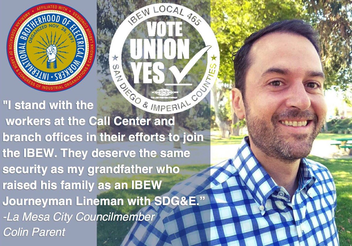 IBEW465's tweet photo. More+more people are standing w/the @sdge workers fighting 2 organize! Thank you La Mesa Councilmember @ColinParent #CCCunited #VoteUnionYES https://t.co/tmuirlIXUZ