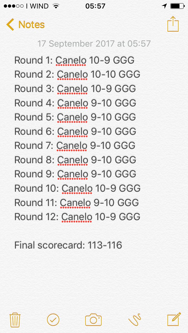 alexanderbrough's tweet photo. My final scorecard: GGG wins 116-113 on points #CaneloGGG https://t.co/wf46TWlE4K