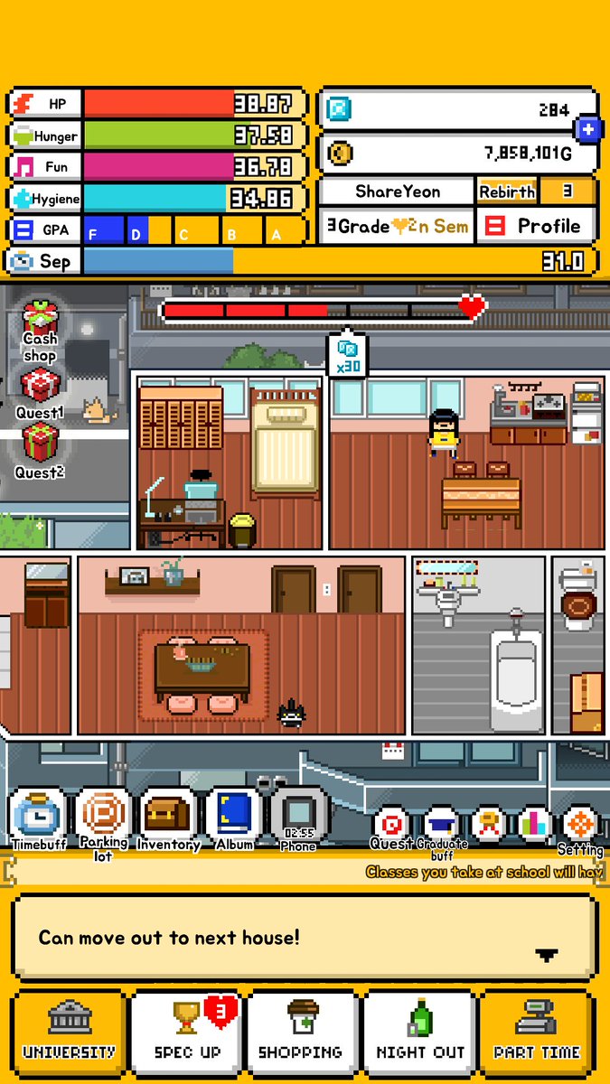 SrShare's tweet image. เกมนี้เล่นเพลินมาก ชีวิตเด็กหอกรุงโซลทำงานพาร์ทไทม์หาเงินเรียน เก็บเงินย้ายหอหรูๆ กว่าจะเรียนได้เกรด A+ เก็บเงินไม่ทันจ่ายค่าหออีก สนุก 5555