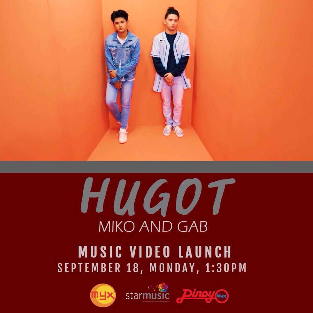 StarMusicPH's tweet photo. Official music video launch of "Hugot" by Miko & Gab bukas na, 1:30PM sa MYX! Abangan! #HugotMVLaunch https://t.co/bCiecwbDYd
