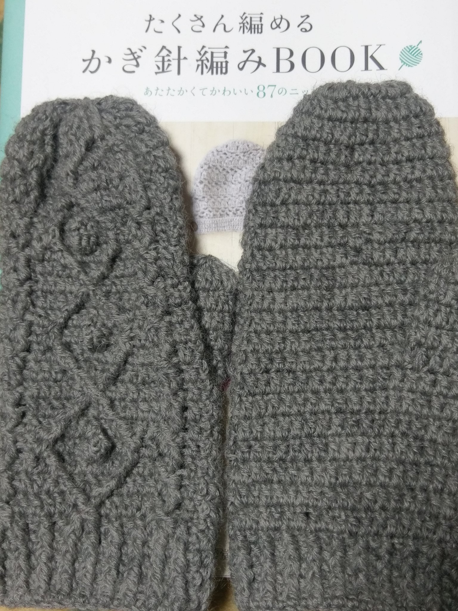 ひよ アラン風ミトンでけた 編み図は下にある本から ミトンもかわいくて好きだしかぎ針だけどアラン模様も好きだしで 指が長いのか 本よりも模様ちょっと増えたけど おおむねかわいくでけて満足 糸はウルグアイウール 編んでみたら思いの外