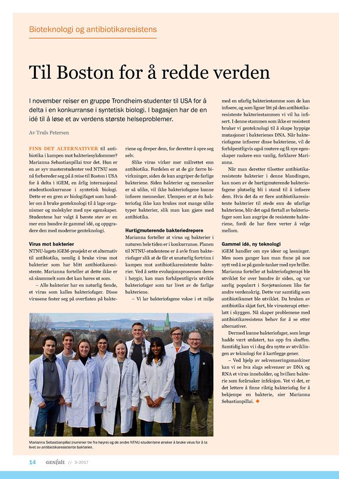 NTNUigem's tweet photo. We were interviewed in the journal GENialt. Click on the link: https://t.co/2wxu5STdSJ @biotekradet #igem #ntnu https://t.co/0POOBMqF6w