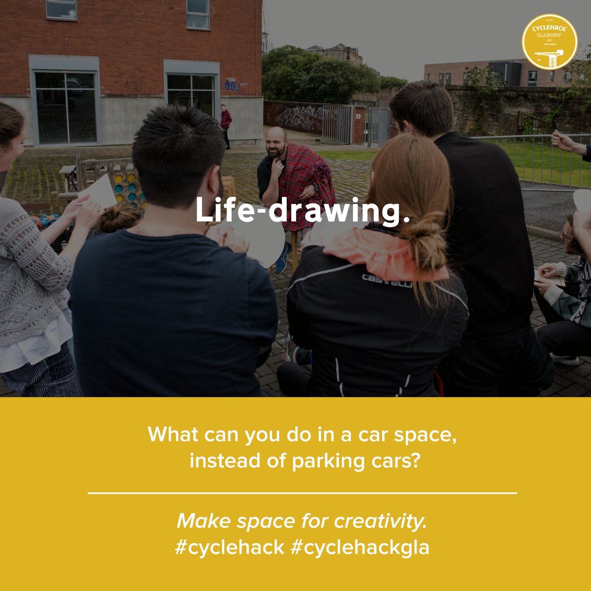 cyclehackgla's tweet image. If we parked more bikes &amp;amp; less cars, what could we do in the space saved? Art classes? Sculpture? A ceramics kiln? #makespacefor #cyclehack