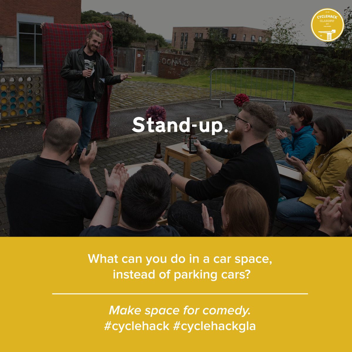 cyclehackgla's tweet image. You can park 10 bikes or 1 car in 11.5m². What else can we do in the space saved by parking bikes instead of cars? #makespacefor #cyclehack