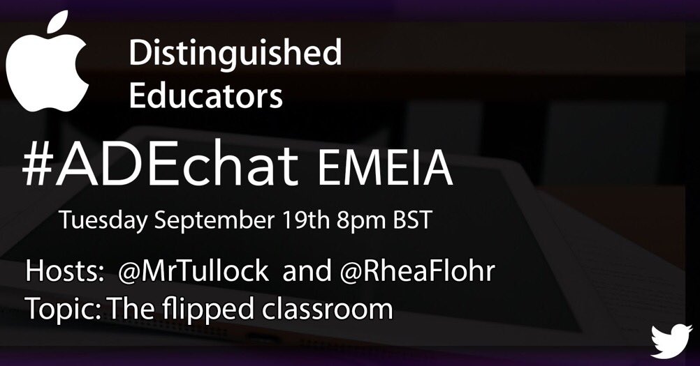 MrTullock's tweet photo. Join us on Tuesday for #ADEchat on Flipped Learning, hosted by @RheaFlohr &amp; myself #ADE2017 https://t.co/x3ZAcIJB6M