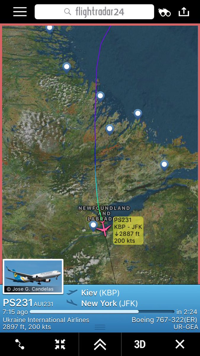 FlightIntl's tweet photo. Ukraine International Airlines flight #PS231 from Kiev to New York (JFK) is diverting to Goose Bay - reason unknown https://t.co/k60eLFwhNM