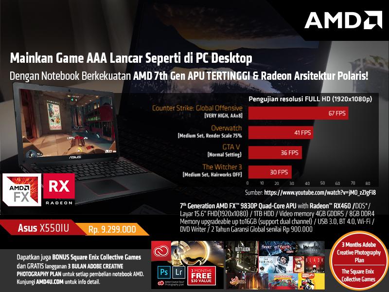AMDIndonesia's tweet photo. Asus X550IU dgn 7th Gen APU FX & kartu grafis Radeon #RX460 bisa jadi pilihan u/ gaming di bilangan 9 Jutaan! https://t.co/g68PL5HLrd https://t.co/3GQh0D8OYc