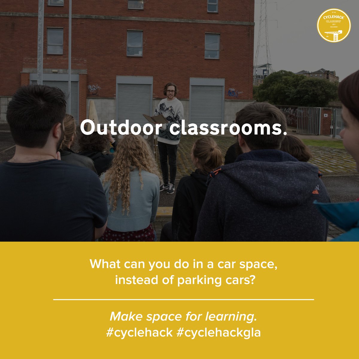 cyclehackgla's tweet image. We learn better outside. By cycling to school &amp;amp; work we could turn the empty carparks into outdoor classrooms! #cyclehackgla #cyclehack