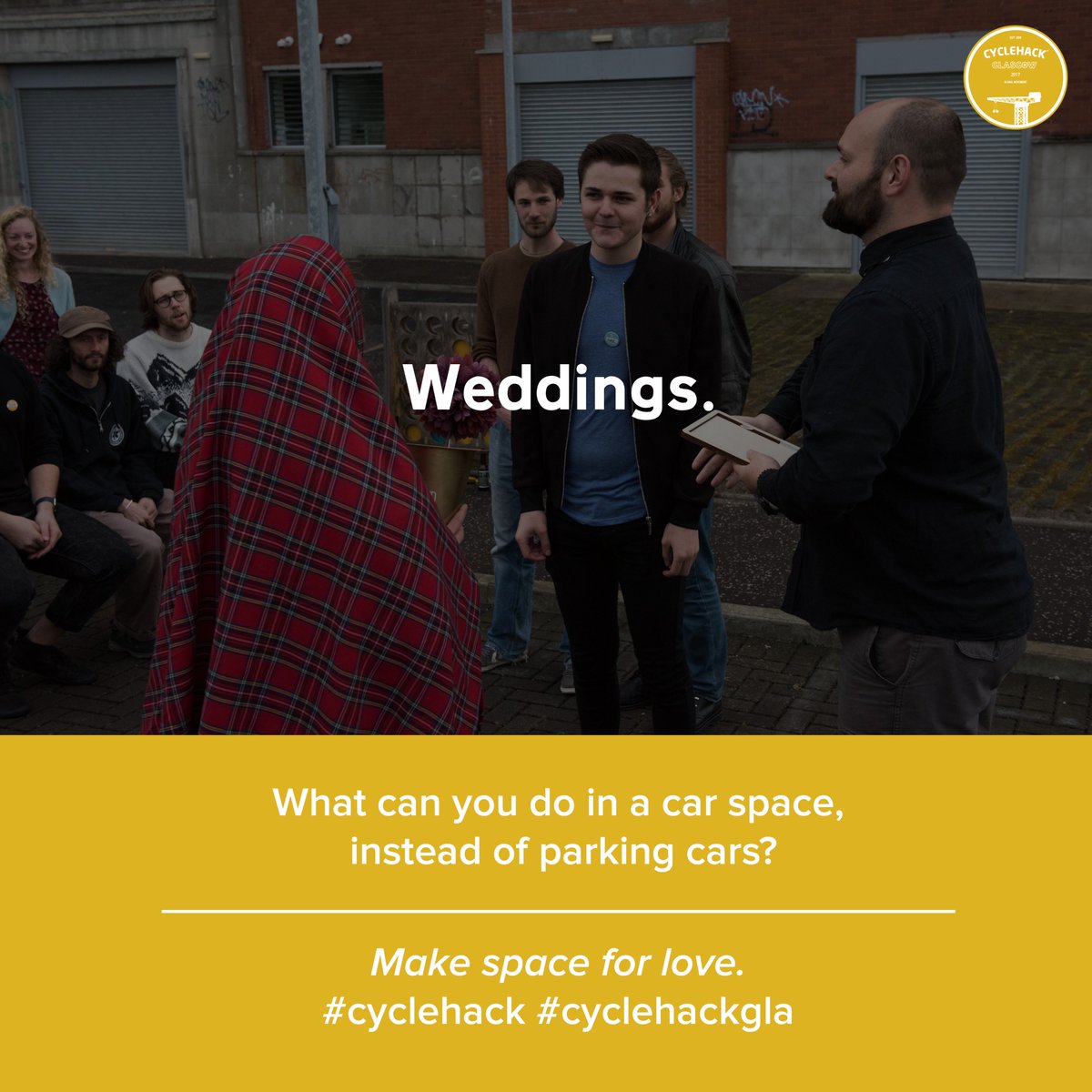 cyclehackgla's tweet image. You can park 10 bikes or 1 car in 11.5m². That's 103.5m² free-ed up! It's an idea we're falling in love with! #makespacefor #cyclehack #love