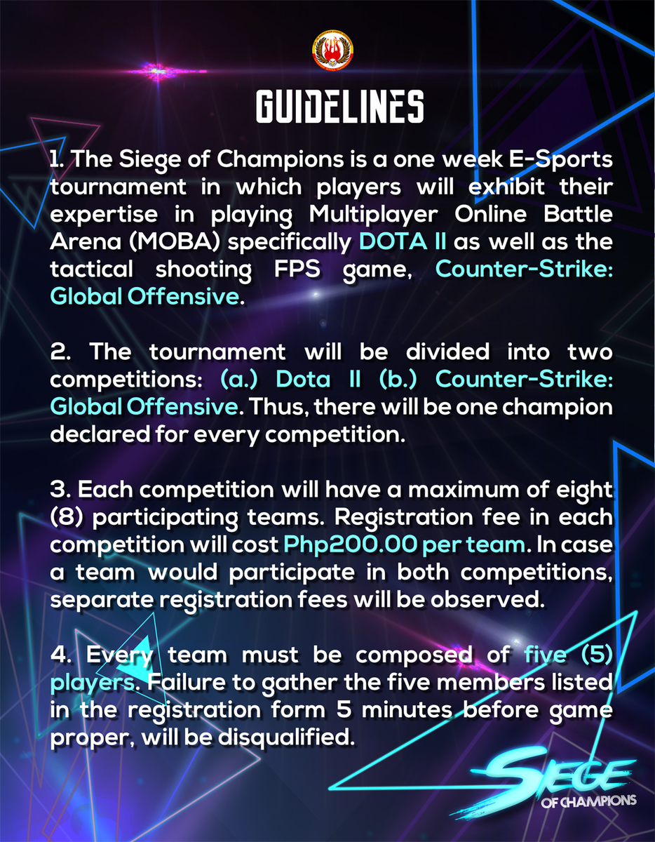 CSAASG's tweet photo. Here are the guidelines of the much awaited Siege of Champions!
This tournament is open to all SHS and JHS students of CSA - Biñan 🖥️❤️ https://t.co/FuBpj0DpZR
