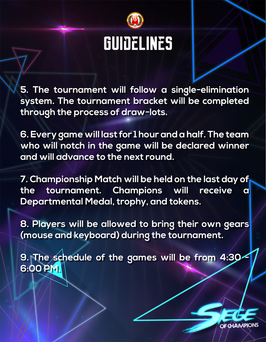 CSAASG's tweet photo. Here are the guidelines of the much awaited Siege of Champions!
This tournament is open to all SHS and JHS students of CSA - Biñan 🖥️❤️ https://t.co/FuBpj0DpZR