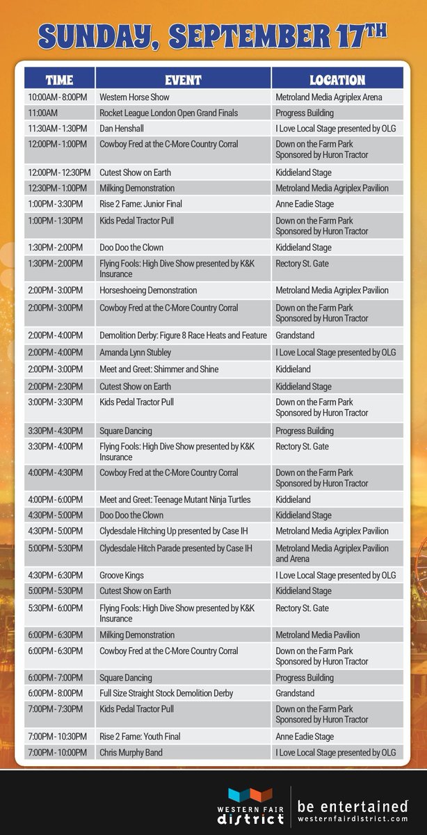 LdnFarmShow's tweet photo. 🎊 DAY 10 OF FAIR HERE 🎉 Check Out Today's Lineup Of Events 🎢 🎤 😋 Be Sure To Use #WesternFair2017 on Social Media 🤳 https://t.co/FTC0muXd89