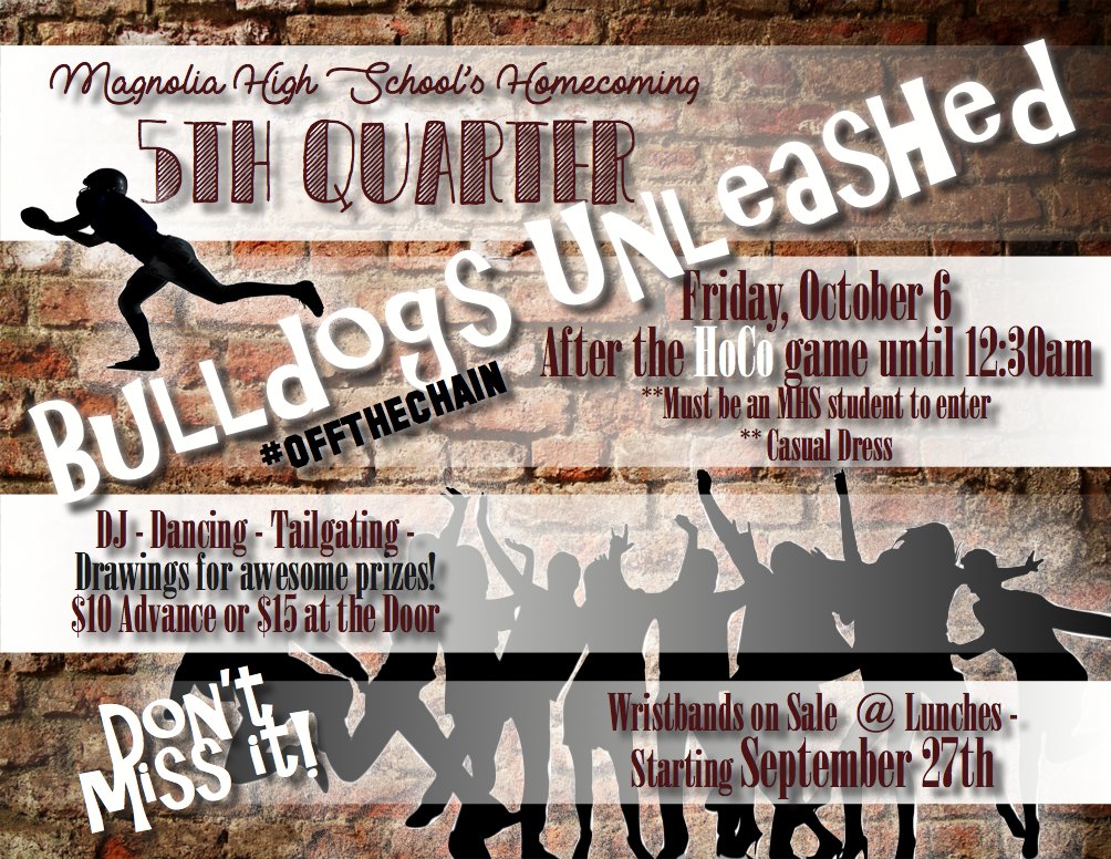 MagnoliaHighTX's tweet image. We are excited to announce our NEW HOCO Tradition for all MHS students! Check out 5th quarter #BulldogsUnleashed for after the HOCO game!