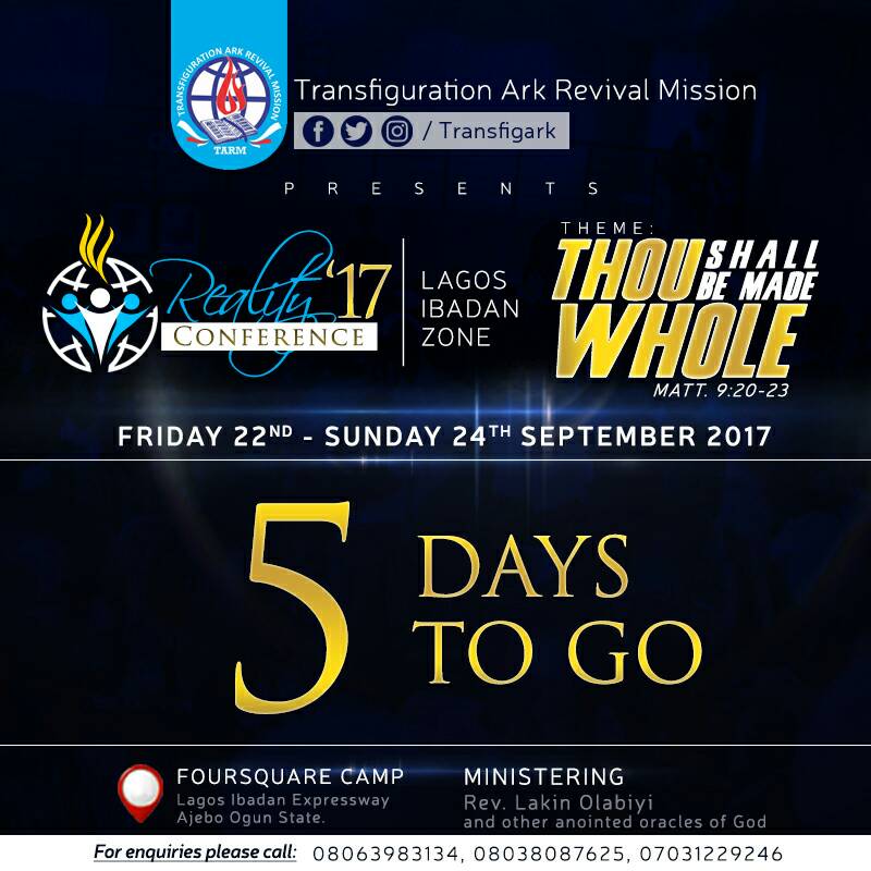tarmglobal's tweet photo. Jesus will surely Make you WHOLE...
5 DAYS TO GO
Reality Conference 2017 @ Lagos
#transfigark #tarmnigeria #realityconference2017 https://t.co/D2lDyCMPDP
