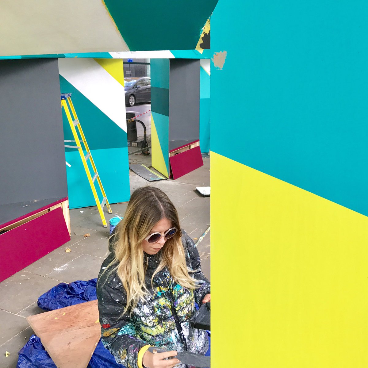 artbelieve's tweet photo. Bringing colour to the Breathing space installation with @HASSELL_Studio @ArupGroup for @L_D_F @ShoreditchDT Big thanks to @JohnstonesTrade https://t.co/xMZ3YPpLvY