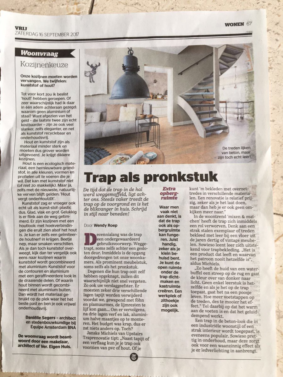 Upstairs_nr1's tweet photo. Leuk artikel over de trap in de Telegraaf gisteren! #nieuwetrap #trap #trends #traprenovatie https://t.co/IFRF37SCTh