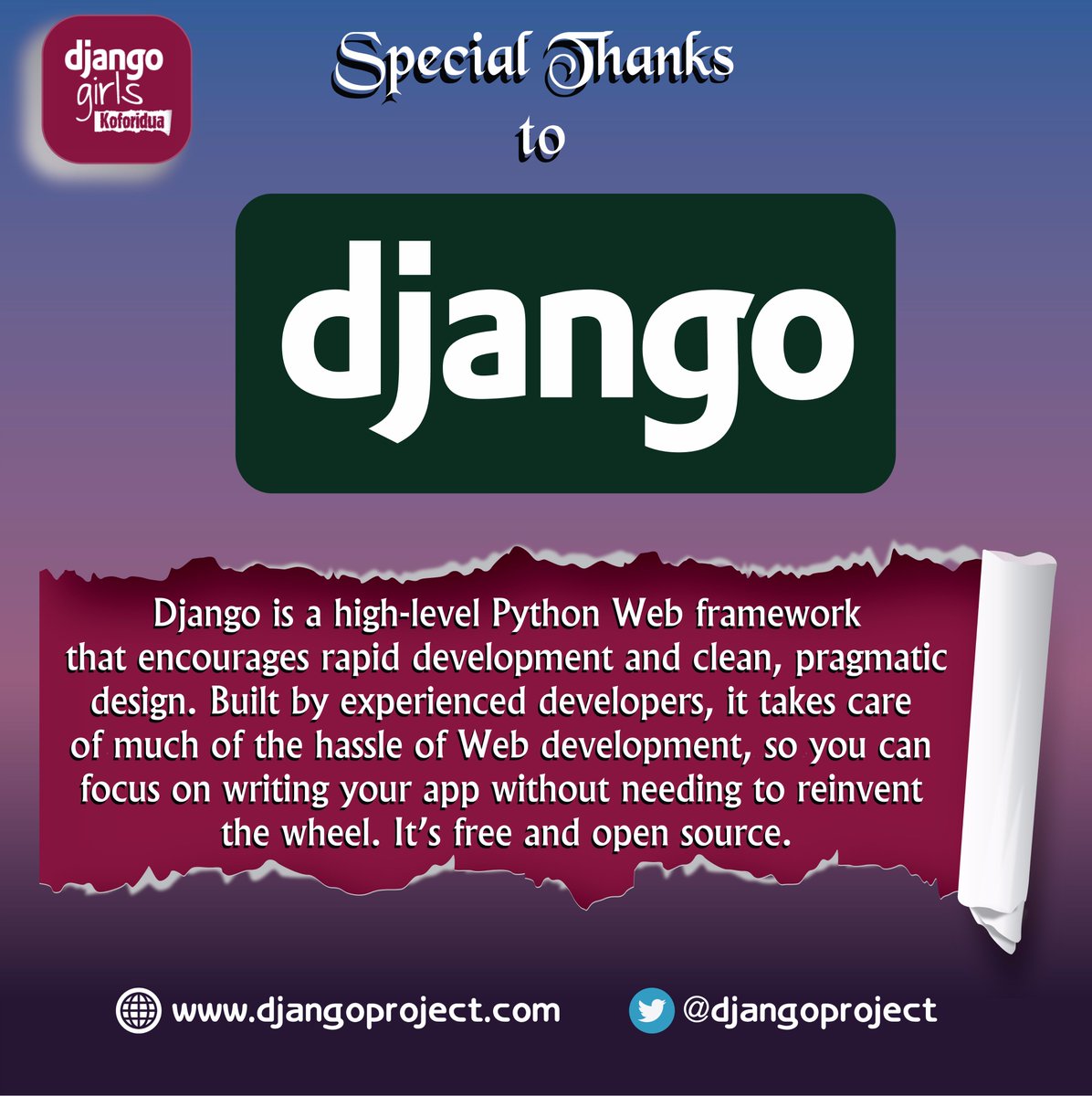 djangogirlsKofT's tweet image. Thanks to @djangoproject  &amp;amp; their generous support, @djangogirls Koforidua would be a fun and exciting experience! #djangosoftwarefoundation