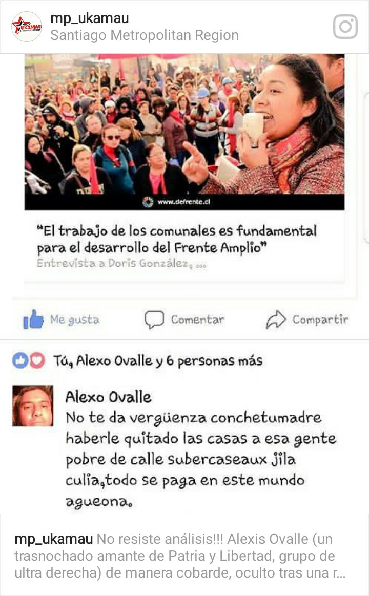 UkamauChile's tweet image. Denunciamos públicamente a Alexo Ovalle por sus ataques misoginos y cobardes hacia nuestra compañera @doris_gonzalez_, No estás sola!