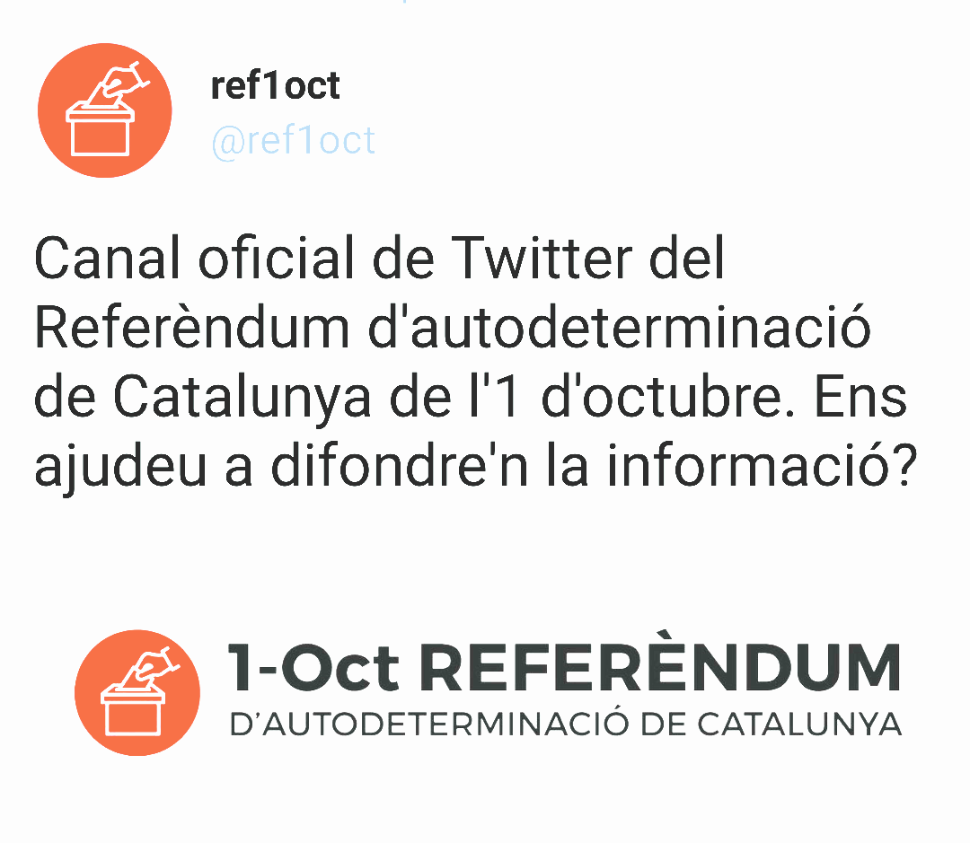 <a href="/ref1oct/">ref1oct</a> canal oficial del #Referèndum de  #1Oct #Catalunya #votarem <a href="/exteriorscat/">Unió Europea i Acció Exterior</a> @catalansalmon <a href="/CatalansPelMon/">Catalans pel Món</a> <a href="/catspelmon_cat/">Catalanspelmon.cat</a>