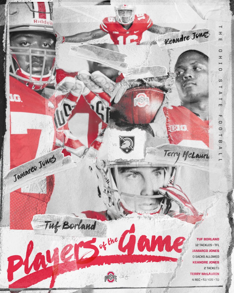 OhioStateFB's tweet image. The coaching staff's Players of the Game in a #9Strong effort:

🏈 D: @Tuf_Borland
🏈 O: @jjones_74 @TheTerry_25
🏈 ST: Keandre Jones

#GoBucks