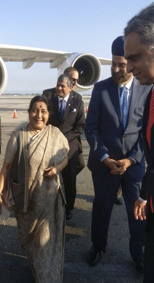 IndianEmbassyUS's tweet photo. Welcome Ma'am! EAM @SushmaSwaraj arrives in New York for 72nd UNGA. Received by Amb @NavtejSarna &amp; PR @AkbaruddinIndia https://t.co/x0j99nnBNf