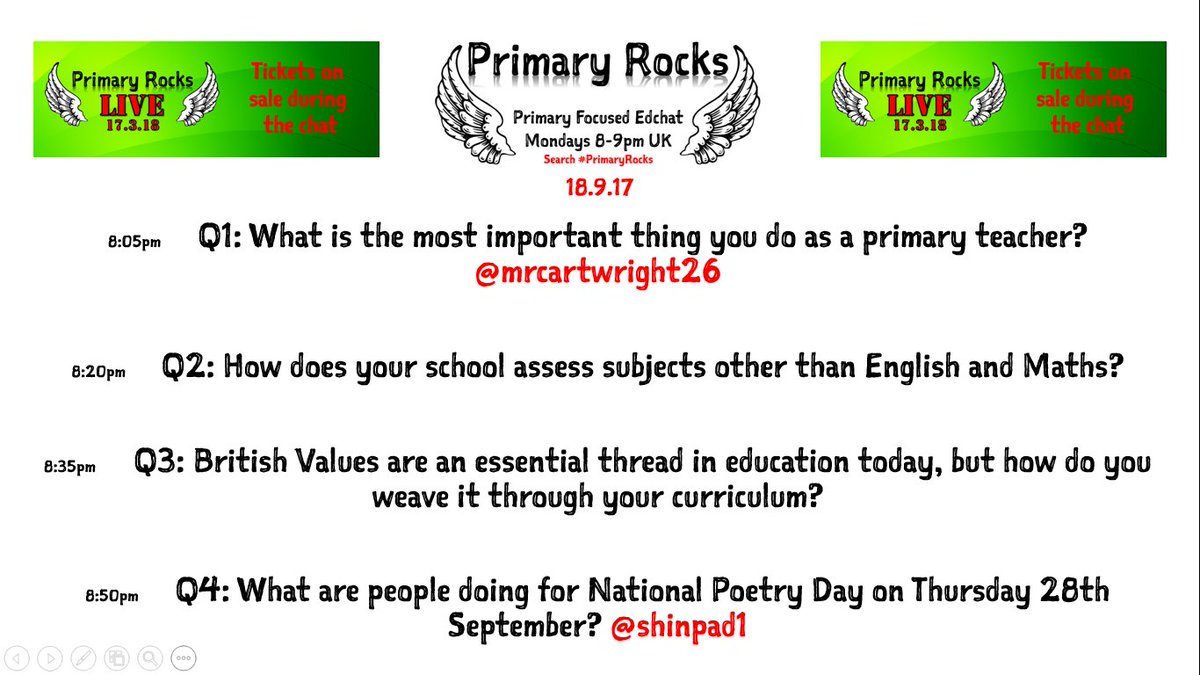 PrimaryRocks1's tweet photo. The end of the day! Join #PrimaryRocks tonight for great chat with Qs from @shinpad1 &amp; @MrCartwright26 from 8pm... oh, &amp; tickets go on sale! https://t.co/8Hano02Ovw
