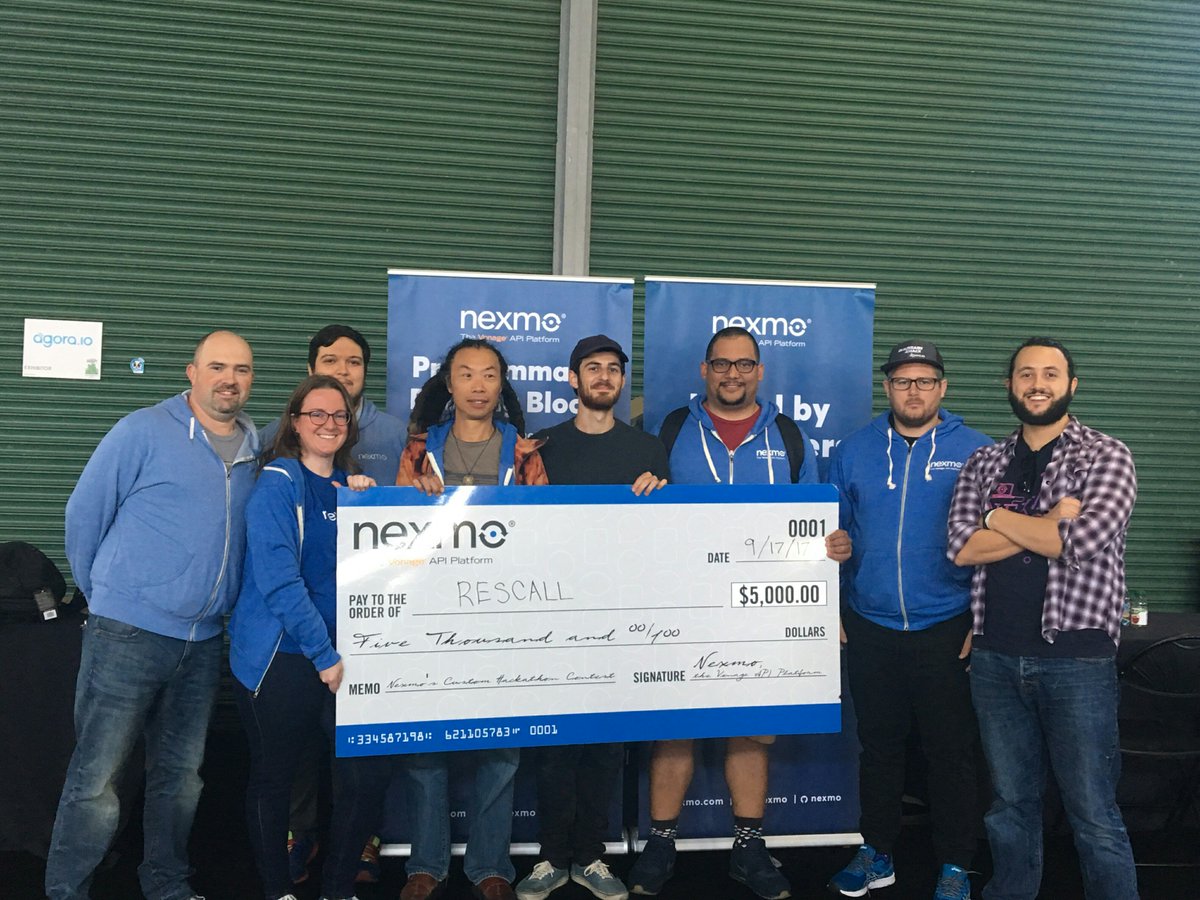 VonageDev's tweet image. Congratulations to the team from ResCall for winning the @Nexmo prize at @TechCrunch #TCDisrupt #HackDisrupt hackathon! 🏆 🎉🎉