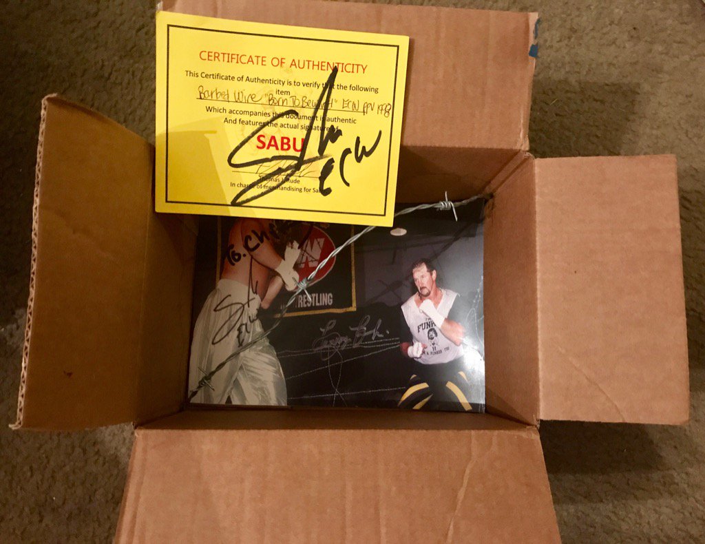 RealSuperGenie's tweet photo. Sabu Souvenir box, barbed wire edition. 1 ft barbed  wire from the Funk/Sabu match, 8x10 and certificate @TerryBrunk https://t.co/0uwe6TQ8XW