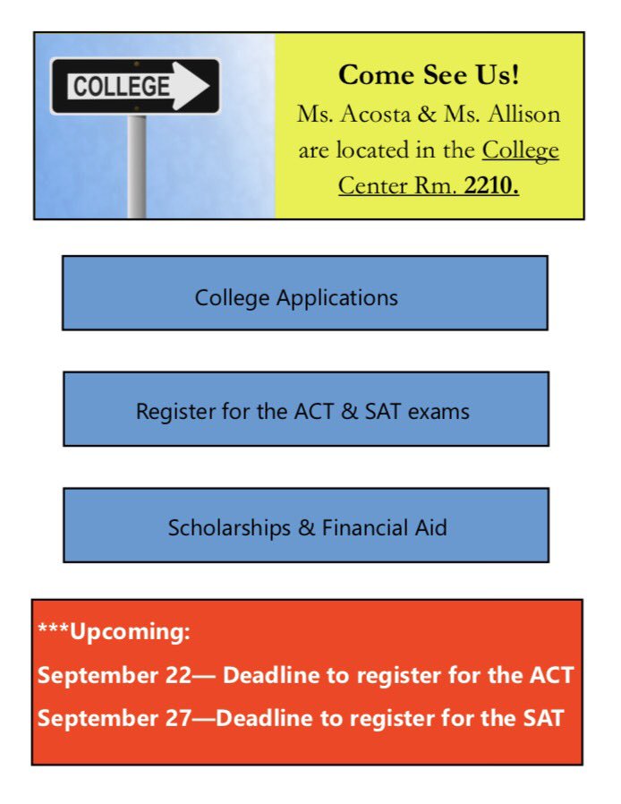 MsAcosta2018's tweet photo. Milby buffs, have questions about college? Come see us soon!@MilbyHighSch @milbylibrary https://t.co/KydyxrurpW