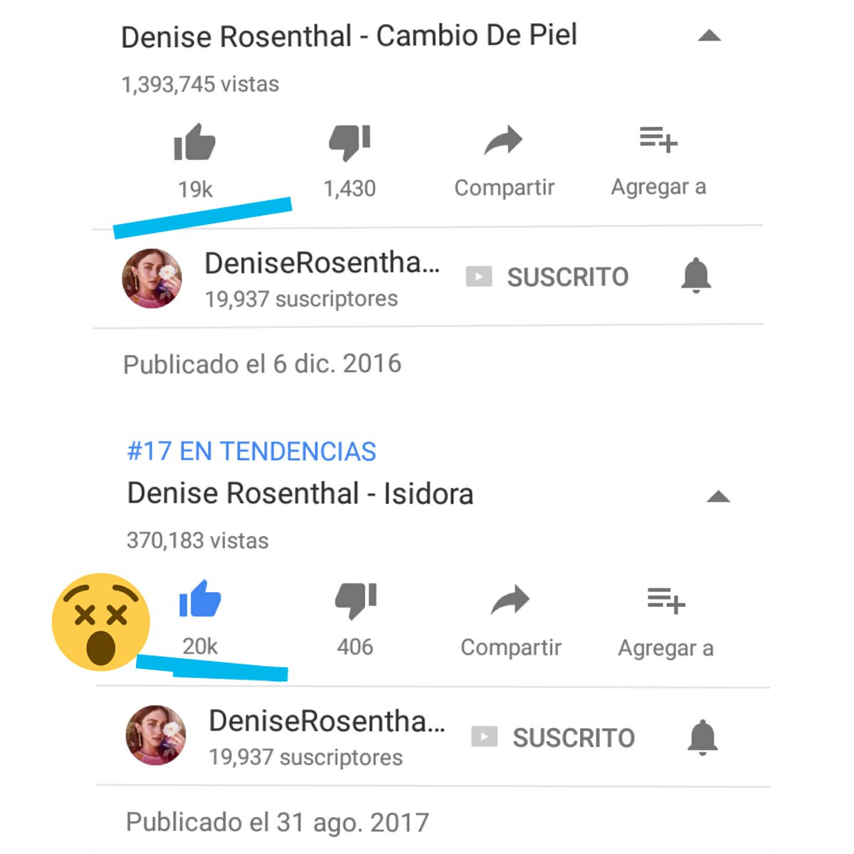 La nueva canción de <a href="/NissRosenthal/">Denise Rosenthal</a> Supero los likes de #Cambio de piel !!
Revise #Isidora aquí
youtu.be/T6ikG-WbFMk