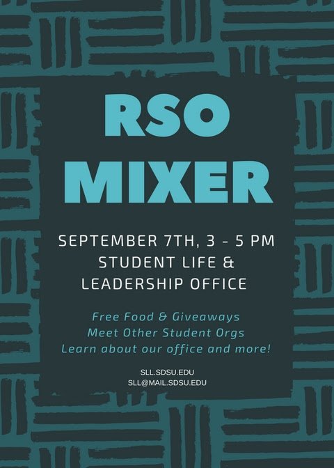 We are excited to invite your orgs to our RSO Mixers!! We will have free food and giveaways! Don't forget, this Thursday, 9/7, 3-5pm at SLL!