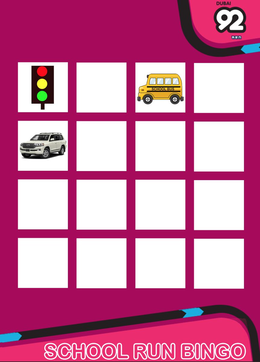 Dubai92's tweet photo. This morning on #92Breakfast we want suggestions for #Dubai #SchoolRunBingo.
Reply with yours and it might make the final game! https://t.co/KN6BwNAFbS