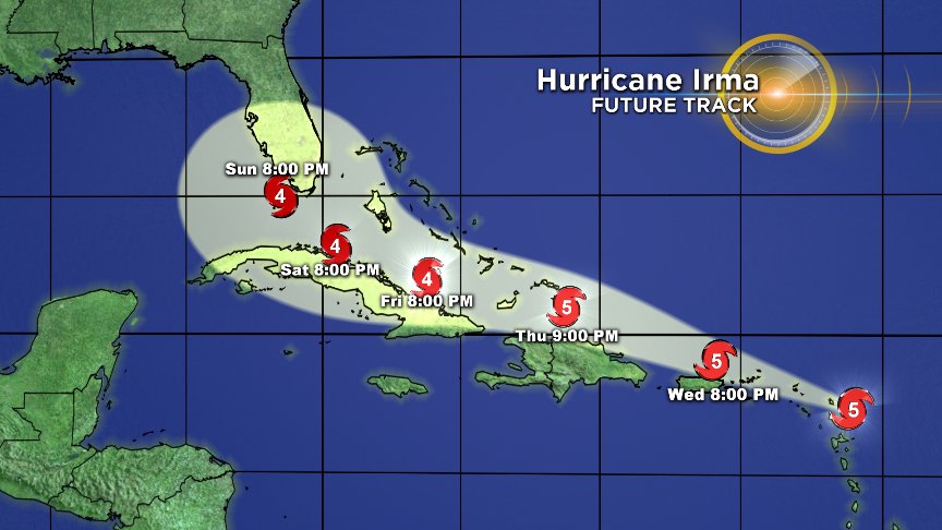 The 11PM Tue #Irma forecast cone five day position remains nearly centered on South Florida.  Continue storm preps.