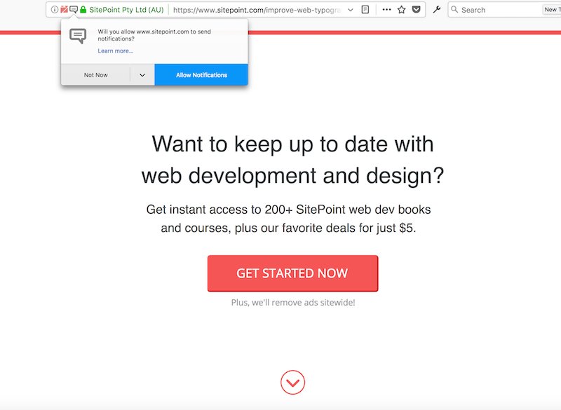Sitepoint.com asking for permission to send notifications and blocking article content with a full-screen prompt to sign up for their newsletter.