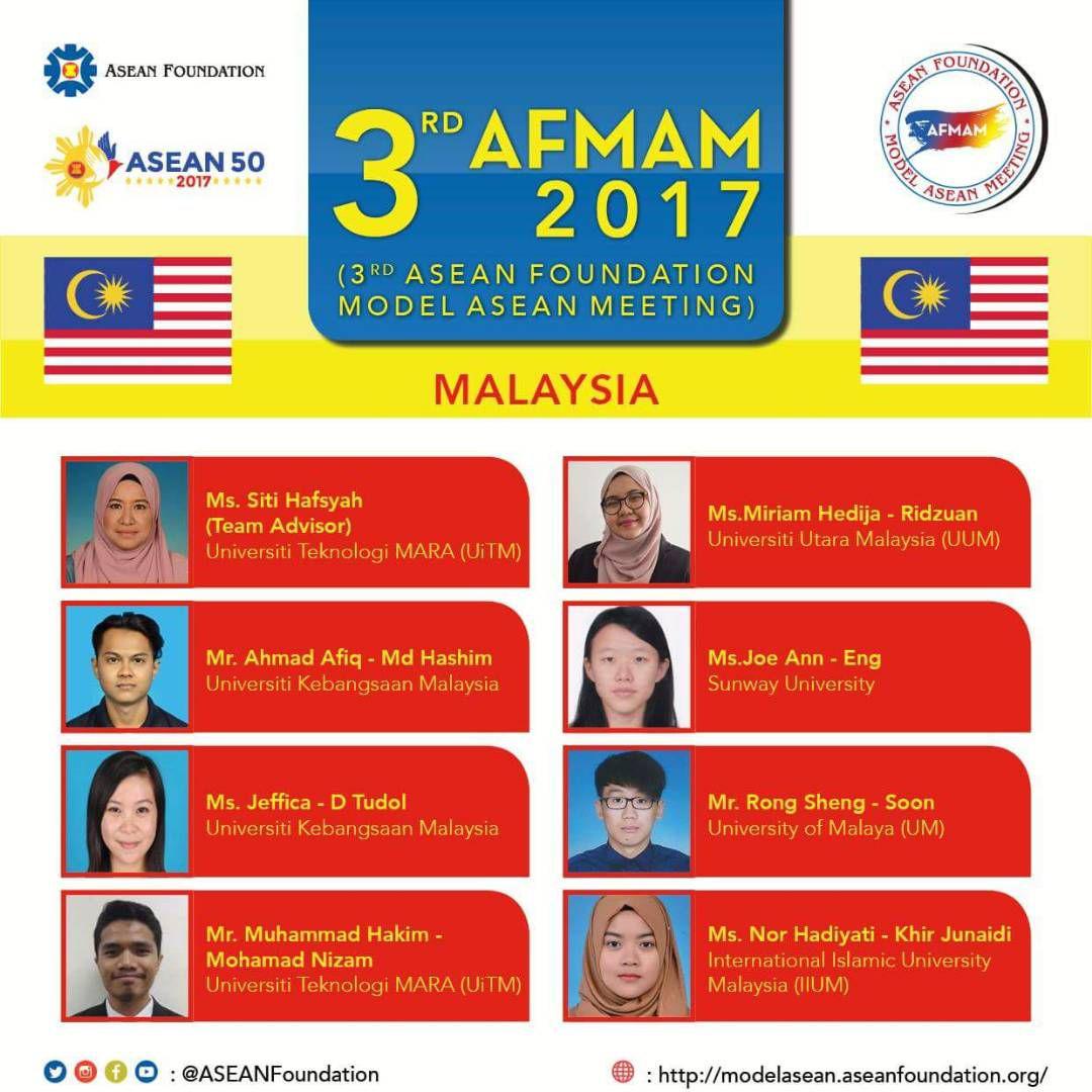 #TahniahUKM! Dua mahasiswa UKM terpilih dalam mewakili Universiti Kebangsaan Malaysia di 3rdASEAN Foundation Model ASEAN Meeting (AFMAM)2017