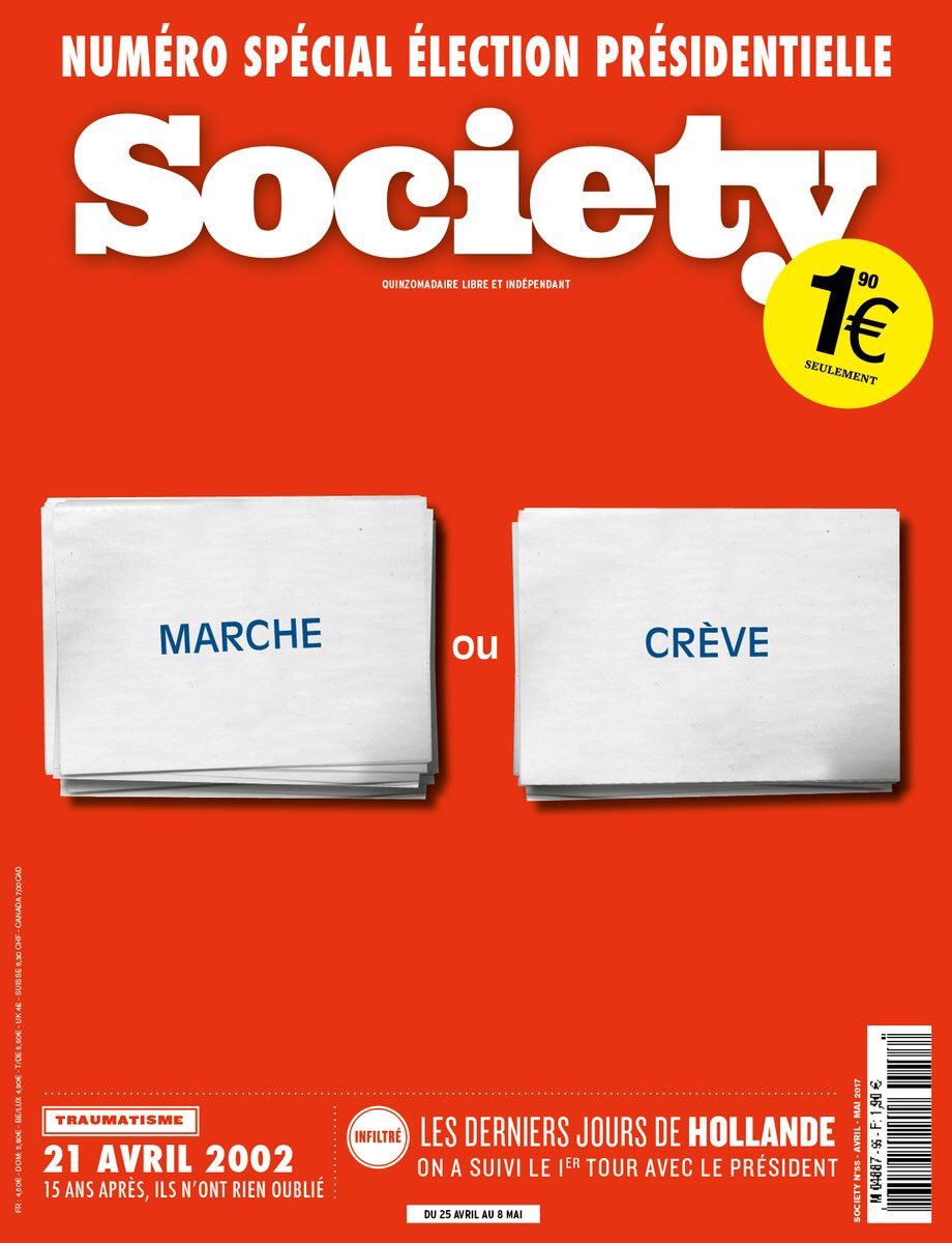 MediasFrance's tweet photo. [#GPDM17] Meilleure Une pour Society avec "Marche ou crève" 
#presse https://t.co/6SCcvm8A0v