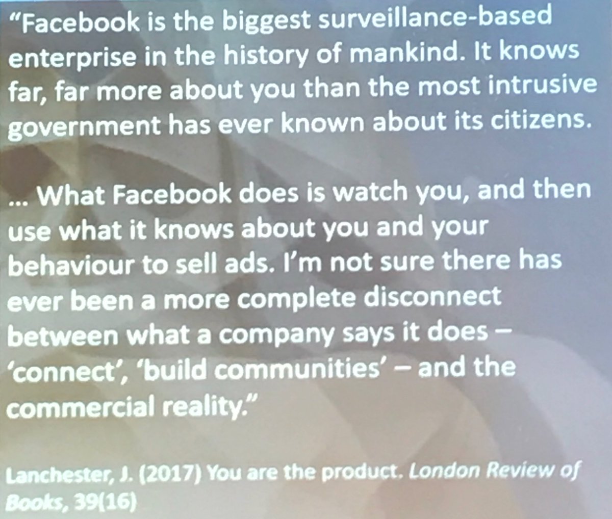 Sue Beckingham 🎓 💻 💡 (@suebecks) on Twitter photo Facebook is the biggest surveillance based enterprise in the history of mankind <a href="/sbayne/">Sandy Bayne</a> #altc Facebook is the biggest surveillance based enterprise in the history of mankind <a href="/sbayne/">Sandy Bayne</a> #altc