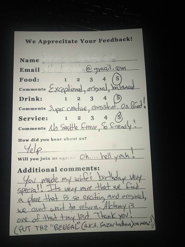 alchemywestsea's tweet photo. We love our customers and it's always great getting a little #positivefeedback. Thanks for the continued support, #Seattle! #CommentCard https://t.co/48j7DxIa8i