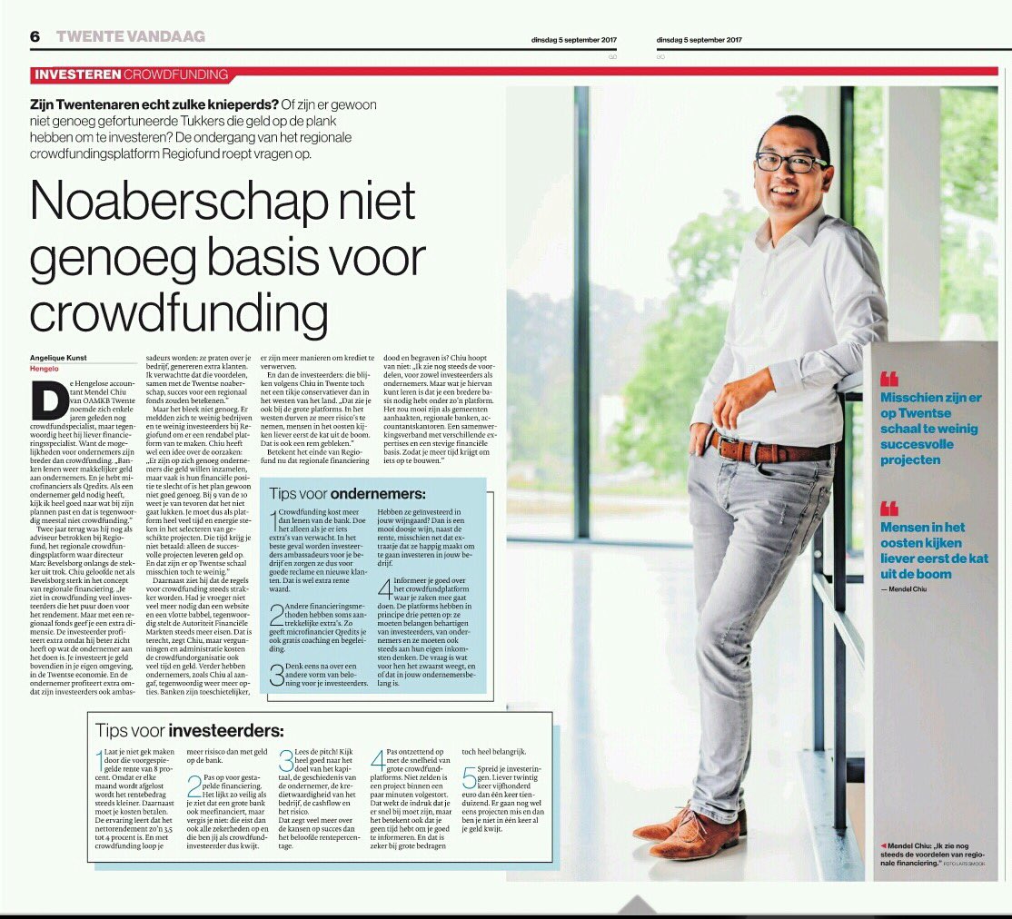 Artikel in <a href="/tubantia/">Tubantia</a> over #crowdfunding in Twente met tips en risico's voor investeerders en ondernemers. #crowdfunding #twente #hengelo