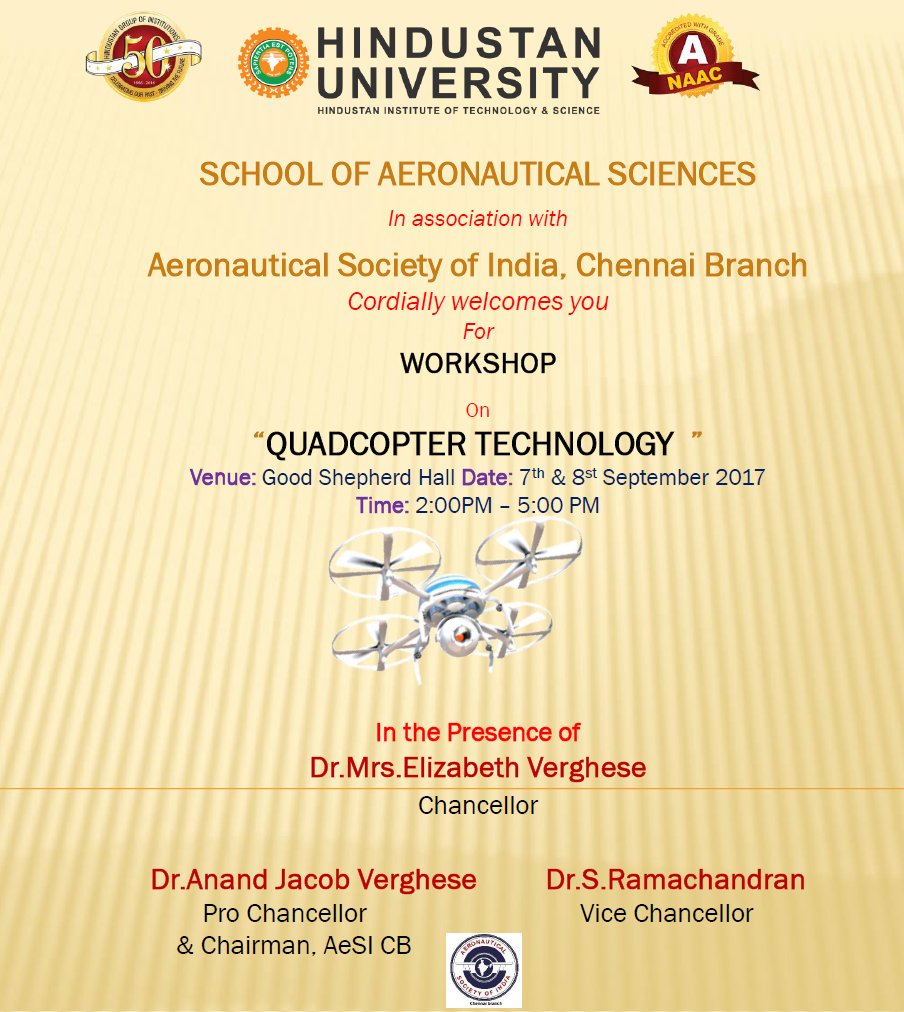 #Workshop on #Quadcopter #Technology - School of #Aeronautical #Sciences in association with #AeronauticalSocietyofIndia 
#AeSI