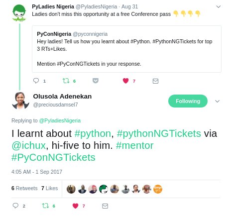 pyconnigeria's tweet image. Care to sponsor these #GirlsWhoCode to #PyConNG2017?

@RitaRythae @busirahh @preciousdamsel7 @tejuafonja 

#PyConNGTickets #WomenInTech