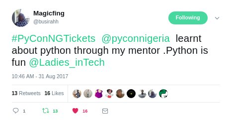 pyconnigeria's tweet image. Care to sponsor these #GirlsWhoCode to #PyConNG2017?

@RitaRythae @busirahh @preciousdamsel7 @tejuafonja 

#PyConNGTickets #WomenInTech