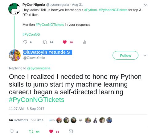 pyconnigeria's tweet image. 10 ladies, 3 winners... Congrats! @duvion_S @OluwaYettie @El_buzi 

#PyConNG2017 #PyConNG

Thanks to @CowryWise for donating #PyConNGTickets