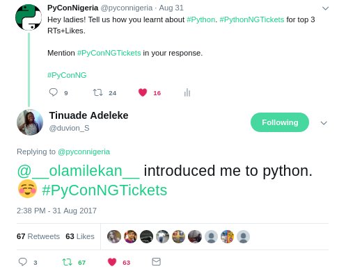 pyconnigeria's tweet image. 10 ladies, 3 winners... Congrats! @duvion_S @OluwaYettie @El_buzi 

#PyConNG2017 #PyConNG

Thanks to @CowryWise for donating #PyConNGTickets