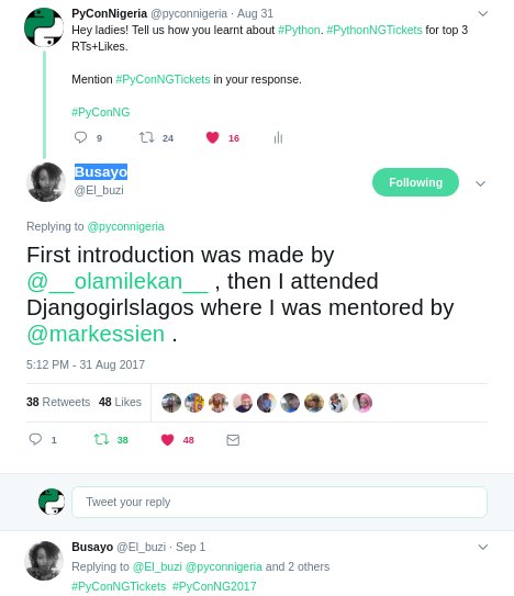 pyconnigeria's tweet image. 10 ladies, 3 winners... Congrats! @duvion_S @OluwaYettie @El_buzi 

#PyConNG2017 #PyConNG

Thanks to @CowryWise for donating #PyConNGTickets