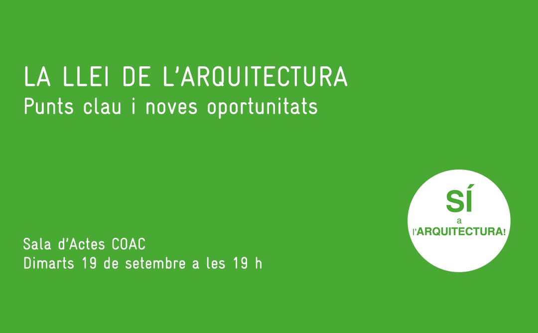 COACatalunya's tweet image. 👉Vols conèixer els punts clau i les noves oportunitats que ofereix la #LleiArquitectura?

📅 19 SET &amp;gt; 19h Pl. Nova

🔗 ow.ly/dC1730eUWNK