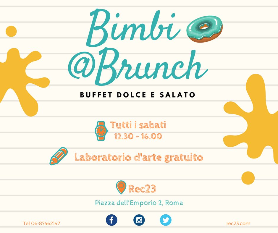 Rec_23's tweet image. 🖍 Sabato 9 settembre torna il #bimbi @#brunch! Creatività a cura di @workinproject e buon cibo a cura di #Rec23🍩Info goo.gl/fDn5YB