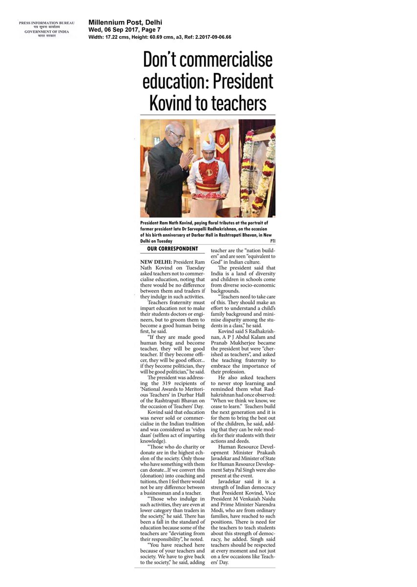 EduMinOfIndia's tweet photo. Don't commercialise education: President Kovind to teachers #TeachersDay https://t.co/u8q4PMsuza