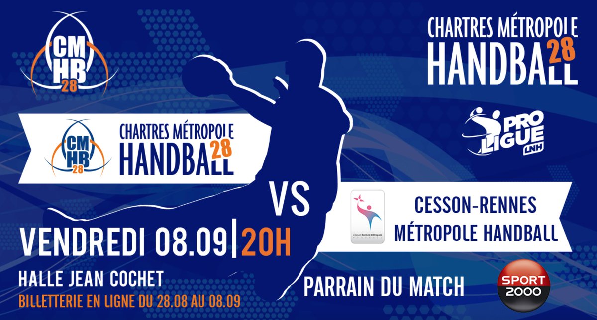 QuoiFaireaChart's tweet photo. Ce soir coup d'envoi de la saison de Handball, le Chartres Métropole Handball 28 reçoit Cesson-Rennes à 20h à la halle Jean Cochet. https://t.co/3CMElwIGIb